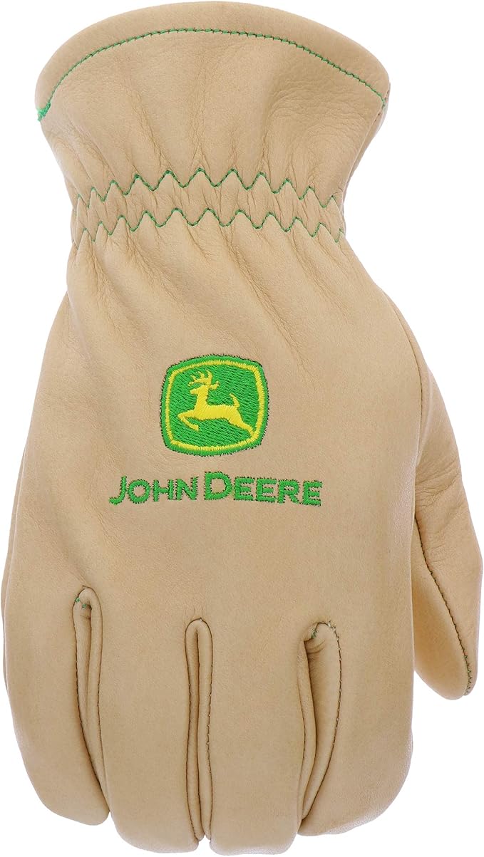 John Deere JD84013-L Men's Water Resistant Leather Gloves, Abrasion Resistant, Tan, Large