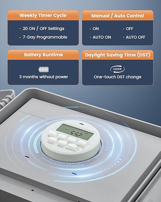 SURAIELEC Digital Pool Timer, 40 AMP 120V 2HP, 7-Day Pool Pump Timer Switch, Programmable Box for Swimming Pump, Hot Water Heater, Lights, Simultaneously Controls Up to 2HP Devices, Outdoor/Indoor Use