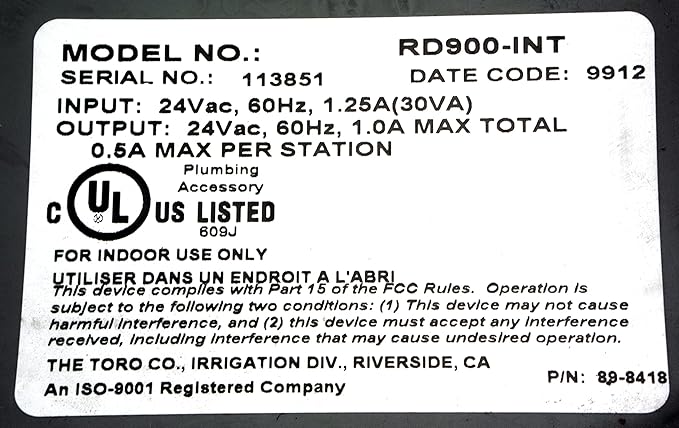 Irritrol Rain Dial RD900-INT-R 9 Station Indoor Irrigation Controller