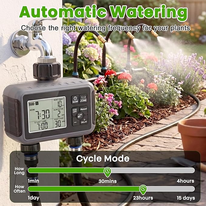 Sprinkler Timer 2 Zone, IPX5 Waterproof Programmable Water Hose Timer with Rain Delay, Child Lock, Manual Watering for Outdoor Automatic Irrigation for Garden, Lawn, Yard (AA Batteries Not Included)