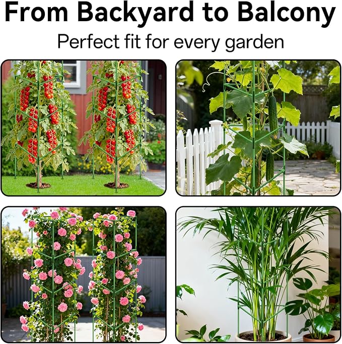Halatool 6 Pack Heavy Duty Tomato Cages, 57 Inch Tall Metal Plant Supports Stakes for Outdoor Garden, Adjustable Foldable Steel Trellis for Climbing Plants Cucumbers Peppers Flowers Vegetables Fruits