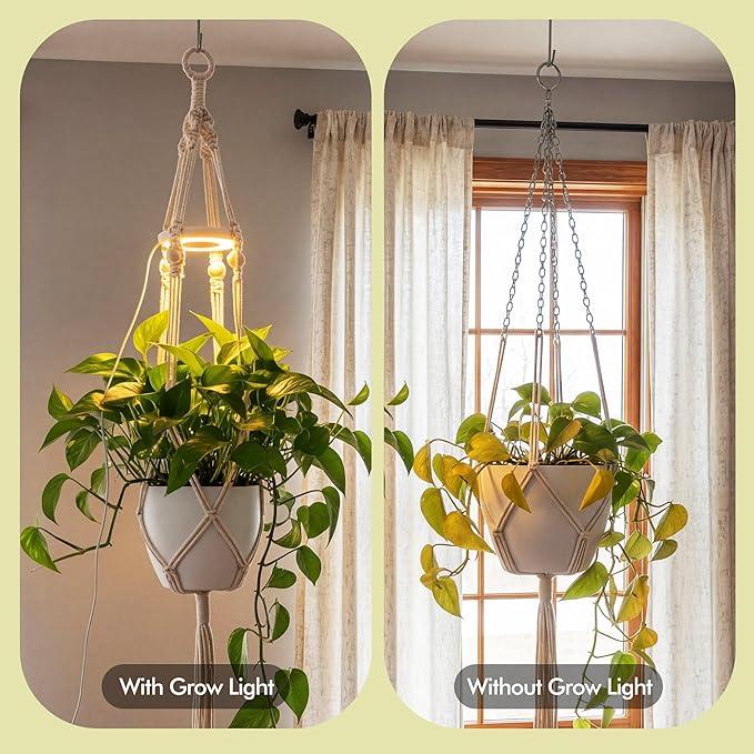 Hanging Plant Grow Lights for Indoor Plants with Timer, Wall Mounted Full Spectrum Pendant Growing Light with Macrame Plant Hanger, Ceiling LED Planta Luz for Potted Plants Home Decor