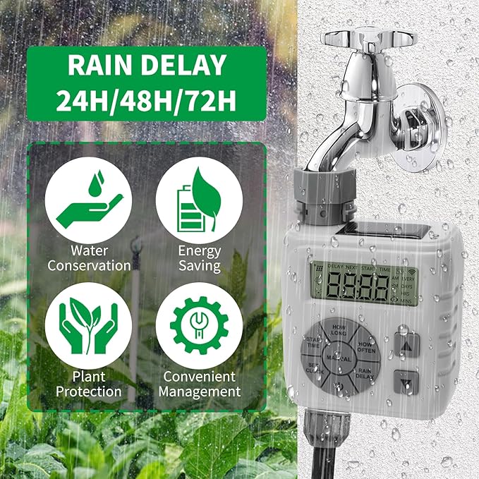 Hose Timer, Zuomeng Water Timer for Garden Hose with Dual Power Design, Leak-Proof Design, Smart Irrigation System with Rain Delay, Auto & Manual Modes for Lawn and Garden Watering, Gray