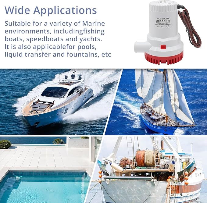 HXH 2000 GPH Bilge Pump Kit for Boats 12V, with PVC Bilge Pump Hose 1-1/8-Inch,2 PCS Stainless Steel Hose Clamps and Thru-Hull Fitting Set, for Marine, Yachts, Live Well Kit for for Cruisers