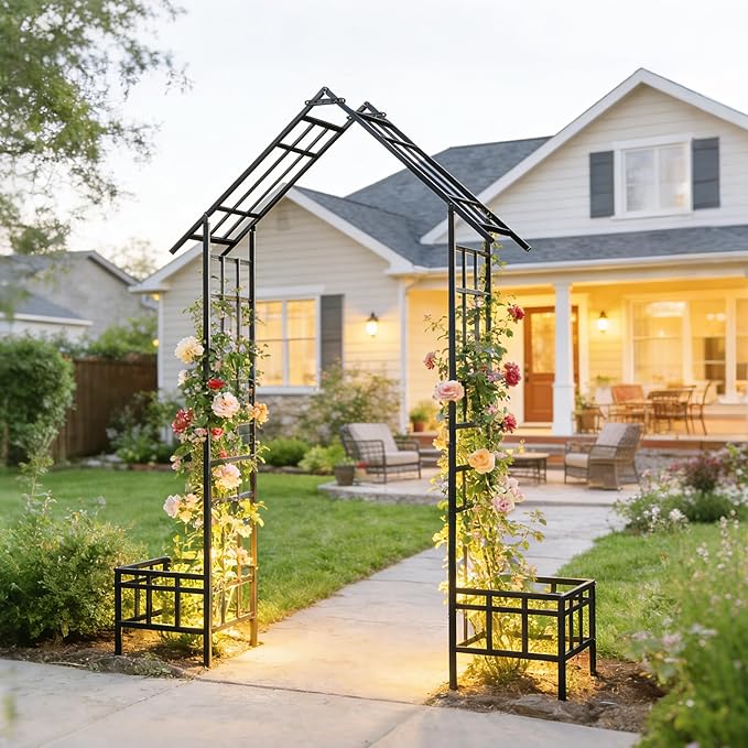 Adjustable Metal Garden Arch with Planters, Heavy Duty Galvanized Steel Arbor for Climbing Plants, Outdoor Pergola Trellis for Rose, Vine, Ivy, Wedding Arch Decoration