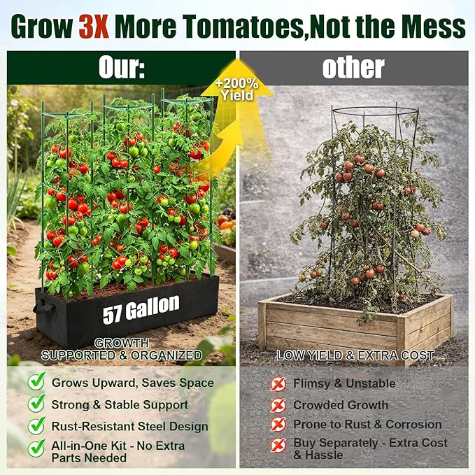 BobbleT 3 Pack Heavy Duty Tomato Cages with 57 Gallon Grow Bag, 48" Adjustable Tomato Trellis for Raised Garden Bed, Sturdy Triangle Plant Support for Climbing Vegetables, Cucumbers & Garden Plants