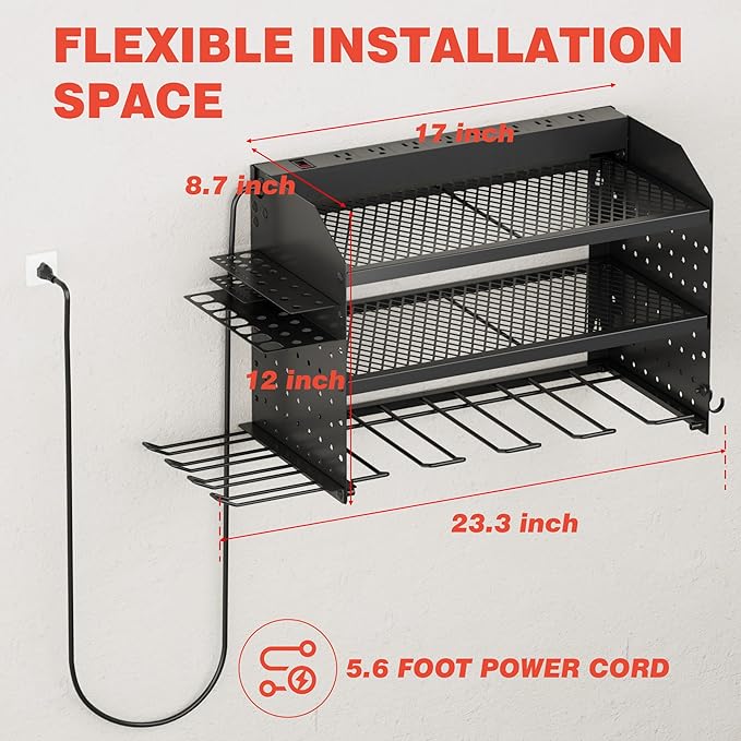 Power Tool Organizer Wall Mount with Charging Station, 8 Outlet Heavy Duty Metal Garage Tool Storage Rack, 23 Inch 3 Tier Shelves for Workshop & Garage Organization