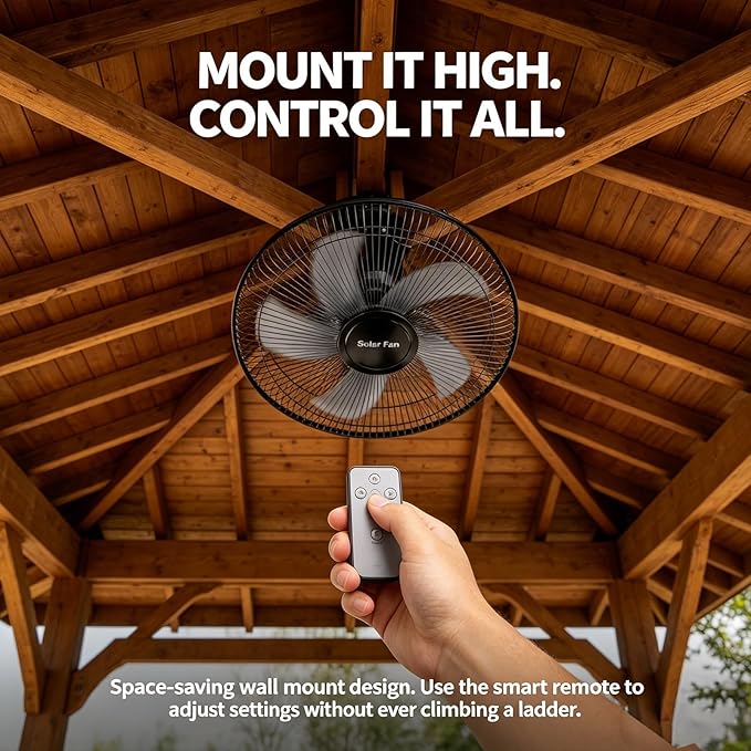 16" Solar Barn Fan for Chicken Coop and Greenhouse, Exhaust Wall Mount Fan with Remote, 16ft Extension Cable AC/Solar Dual Power, 90° Oscillating Waterproof Garage Cooling System