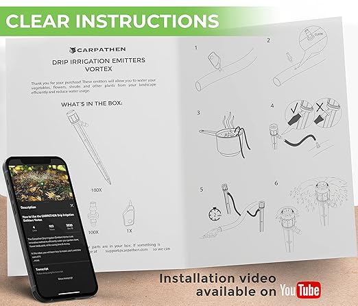 CARPATHEN 100 Drip Irrigation Emitters Vortex - Drip Irrigation Parts for Irrigation Kit - 1/4 inch Irrigation Tubing Compatible - 360 deg Adjustable Fan Sprayer for Raised Garden Bed, Potted Plants