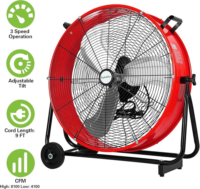 hykolity 24 inch 8100 CFM High Velocity Industrial Drum Fan, 3-Speed Heavy Duty Metal Shop Fan for Warehouse, Garage, Workshops, Factory, UL Listed, Red