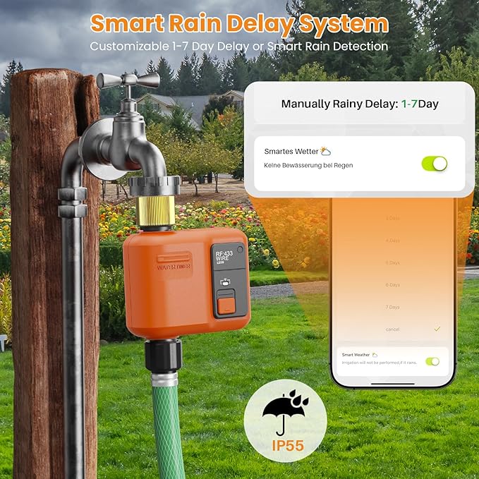 WiFi Water Timer for Garden Hose, Smart Sprinkler Timer with 984ft Long Range, Strong Wall Penetration, APP & Remote Control, Voice Control, Rain Delay, Manual Mode, Watering System for Yard & Lawn