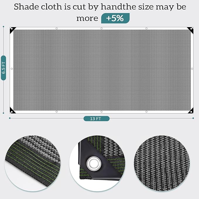 90% Grey Shade Cloth, 6.5x13FT Resistant Garden Sun Shade Net, Durable Mesh Shade Tarp with Reinforced Grommets for Greenhouse, Plant, Chicken Coop, Pergola, Swimming, Canopy，Patio，Garden