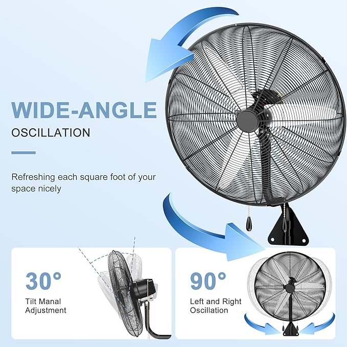 MEPTY 26" Wall Mount Fan, Heavy Duty Industrial Wall Fan, High Velocity Oscillating Fans with 3 Speeds for Patio, Shop, Greenhouse, Garage, Commercial, Household use