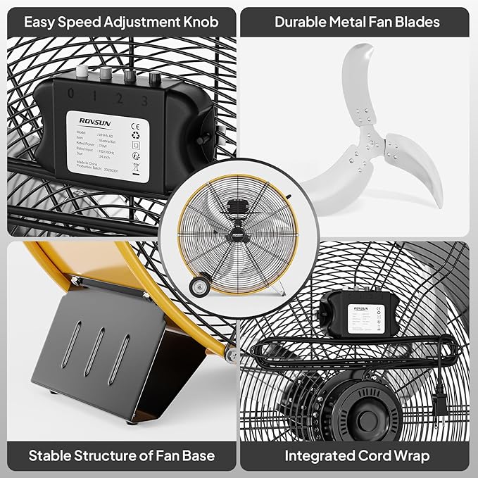 ROVSUN 24 Inch High Velocity Drum Fan, 9500CFM Industrial Metal Floor Fan with Handle, Heavy Duty, 3-Speed, Air Circulator for Shop, Garage, Gym, Barn, Commercial, UL Listed, Yellow, 2-Pack