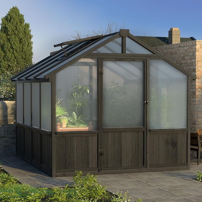 MUPATER 8 x 8FT Wooden Polycarbonate Greenhouse with 6mm Polycarbonate Panels for UV Protection, Ventilated Window & Lockable Door, Walk-in Greenhouse for Outdoors, Patio, Backyard, Black