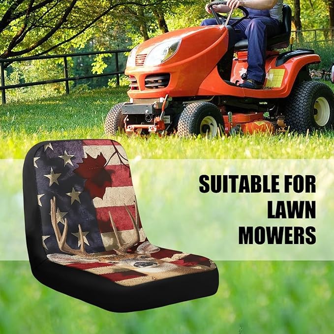 Riding Lawn Mower Seat Cover with Pockets,Deer and Flag Waterproof Tractor Seat Covers Water Protective Heat-Resistance Tractors Cushion Cover Fits Most Lawnmowers