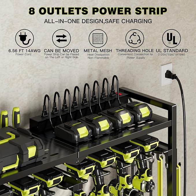 NattyDot Large Power Tool Organizer Cart with Charging Station 8 Drill Holder Garage Storage Standing Heavy Duty and Stability Storage Rack Utility Tool Shelf (Black)