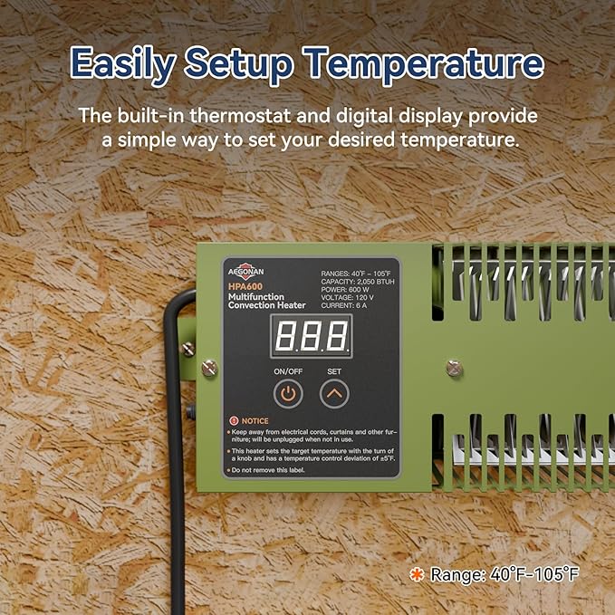 Utility Heater with Built-In Thermostat, 600W Electric Pump House Heater 120V, HPA600 Multifunction Convection Heater, Freeze Protection in Pump Houses, Utility Rooms, etc, Army Green