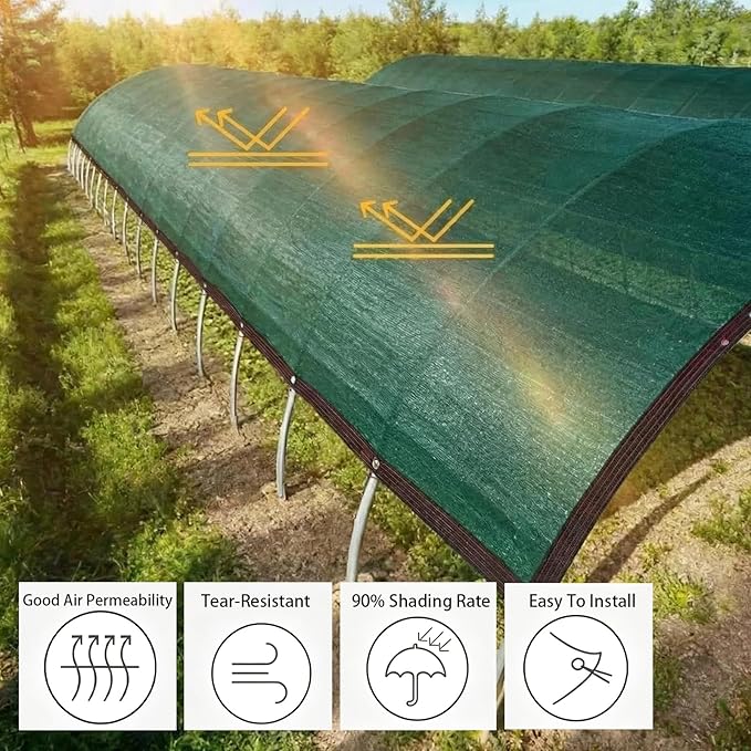 90% Garden Shade Cloth for Vegetables, 5X 61 FT Sun Shade Cloth for Plants, Greenhouse Shade Cloth with Grommets, for Outdoor Garden Pergola Patio Lawn Kennel Chicken Coop Dark Green