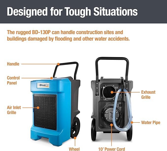 BlueDri BD-BD-130-BL Industrial Commercial Dehumidifier with Hose for Basements in Homes and Job Sites, Blue