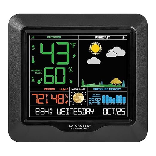 La Crosse Technology Color Forecast Station - Large Display, Temperature/Humidity Alerts, Seasonal Scenes - Indoor/Outdoor Monitoring, HI/LO Records, Barometric Pressure - Atomic Time, DST Updates