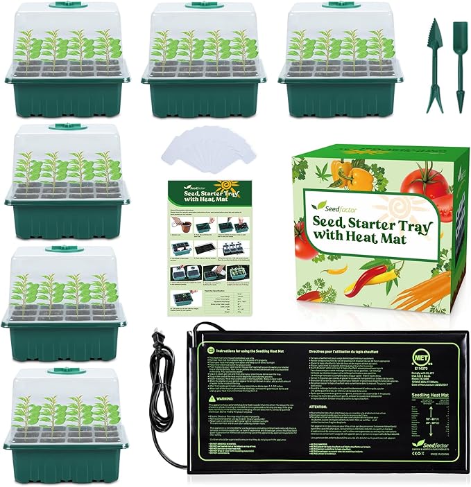 7-Pack Seed Starter Tray with Heat Mat (12 Cells per Tray), Plant Germination Trays with Adjustable Humidity Dome Seed Trays Seedling Starter with Base Trays for Germination