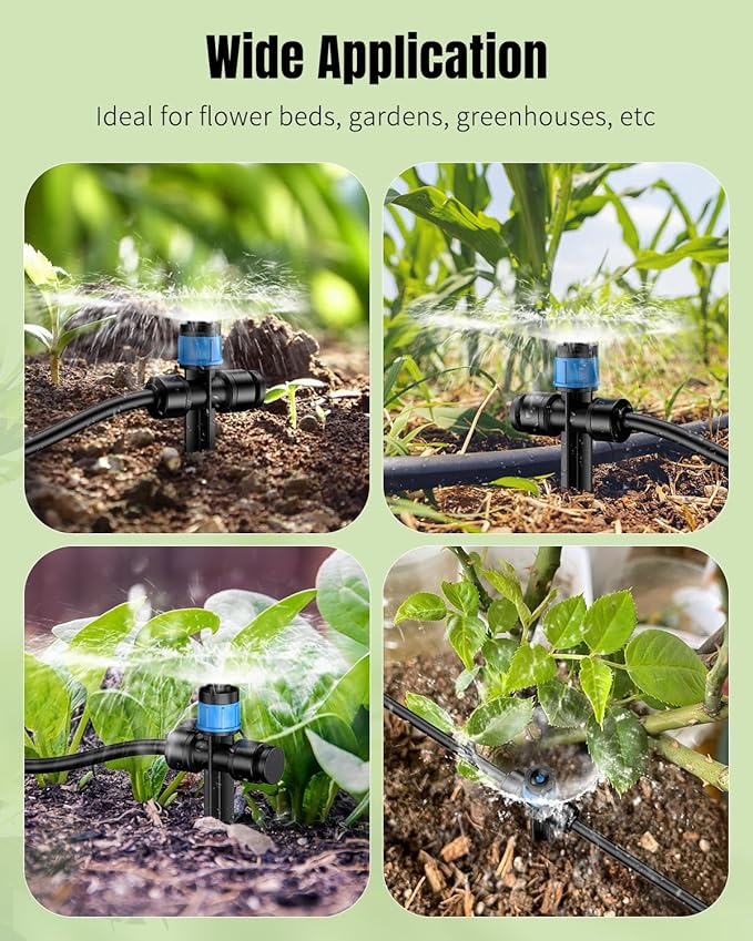 Pawfly 30 Pcs Push-to-Fit Drip Irrigation Emitters for 1/4 Inch Tubing, Two-Way Connection Irrigation Drippers with Adjustable 360 Degree Water Flow, Drip Emitters Sprayers with Stake & End Plugs