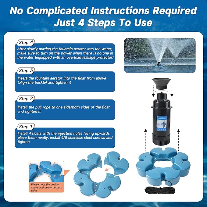 RELIY Pond Fountain Aerator, 1HP 110V 15000 GPH Fountain Pump, Fully Automatic Powerful Lake Floating Fountain, 100 FT Power Cord, 2x100 FT Traction Rope, Pond Fountains For Large Ponds