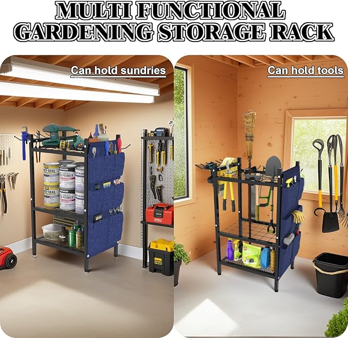 Garden Tool Organizer Rack, Heavy Duty Metal Yard Tool Stand for Garage, Shed, Outdoor, Holds Up to 50 Long-Handled Tools, Rakes, Brooms, Shovels, 3-Tier Utility Storage with Hooks, Black