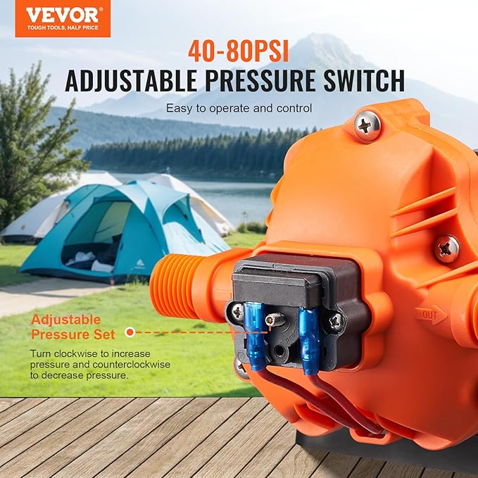 VEVOR 12V Diaphragm Pump, 3.5 GPM (13.25 L/min), 3-Chamber 12 Volt DC Water Pump with Automatic Pressure Switch 40-100 PSI Adjustable, 50 PSI, 1/2'' MNPT Port, for RV Yacht Food Truck Camper Marine