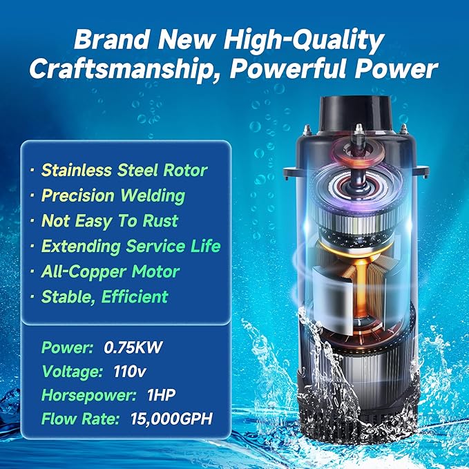 RELIY Pond Fountain Aerator, 15000 GPH 110V 1HP Fountain Pump, Fully Automatic Powerful Lake Floating Fountain, 100 FT Power Cord, 2x100 FT Traction Rope, Pond Fountains For Large Ponds