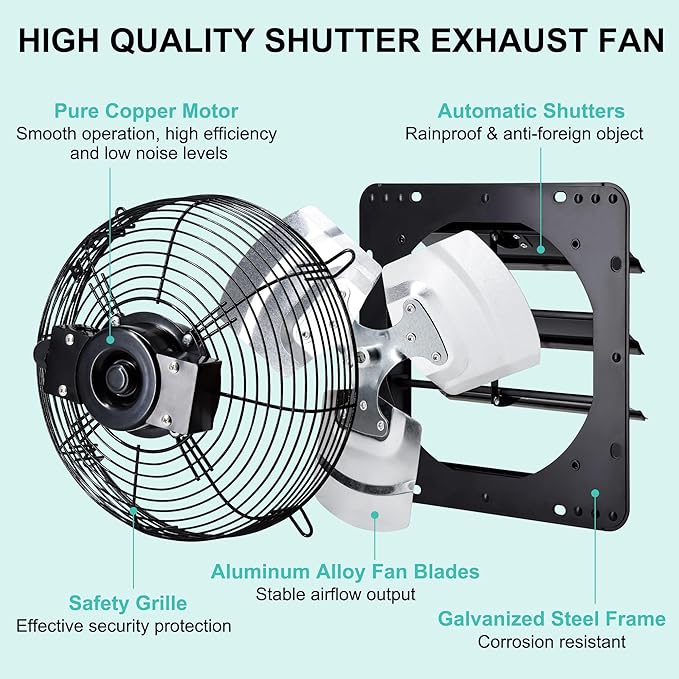 12 Inch Wall Mounted Shutter Exhaust Fan with Thermostat and Speed Controller for Attic, Greenhouse, Shed, Garage, Chicken Coop, Shop, Barn Ventilation, 970 CFM Louvered Vent Fan, Black