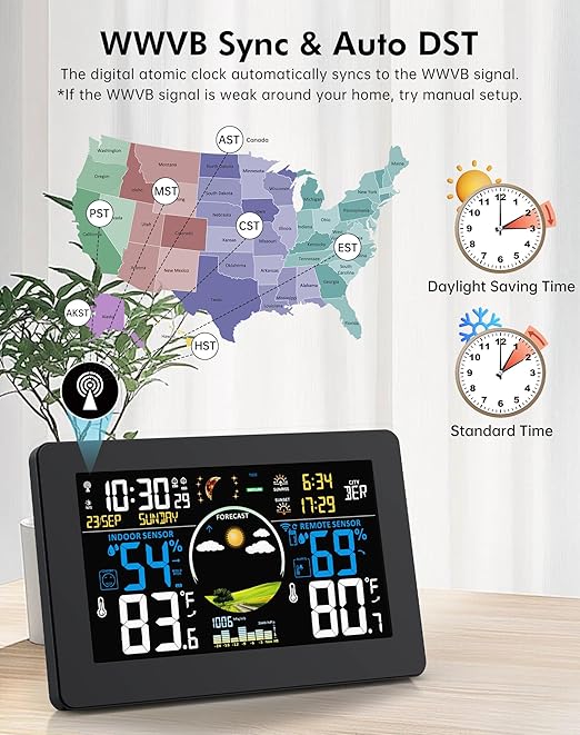 Weather Station Wireless Indoor Outdoor Thermometer, 7.5" VA Display with Remote Sensor, Home Weather Station with Weather Forecast, Temperature, Humidity, Atomic Clock, Black
