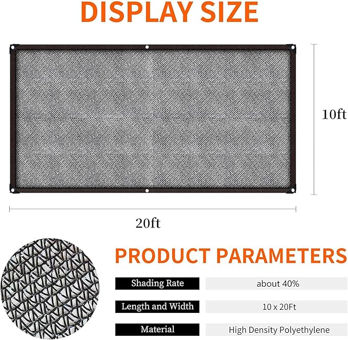 40% Shade Cloth 10 x20 FT Garden Shade Cloth Cover with Reinforced Grommets Durable Sun Shade net Heat Protection for Vegetables Plants Canopy Patio Greenhouse Chicken Coop Porch