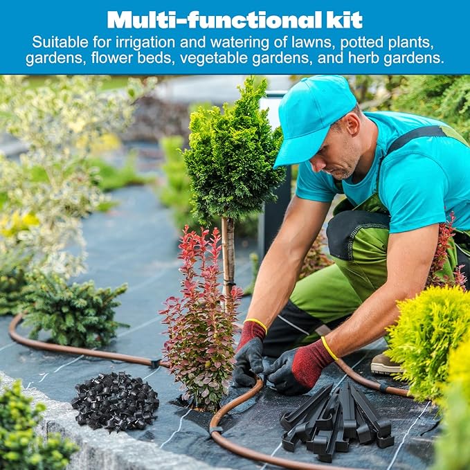 Honoson 30 Pack 1/2 Inch Irrigation Tubing Hold Down Anchor Stakes, 0.87 x 4.33 Inch Drip Tubing Stakes with 50 Pcs 1/4" Adjustable Irrigation Drippers Sprinklers for Garden Patio Lawn Hoses(Black)