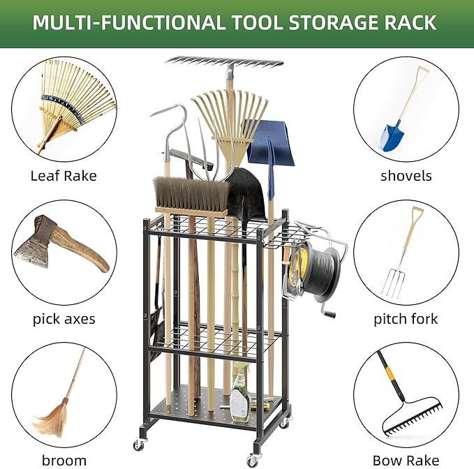 LAKEMID Garden Tool Organizer Stand with Wheels,Yard Tool Organizer for Garage with 2 Hooks, Rack Up to 42 Tools,Broom Holder & Garden Tool Rack for Shed, Patio, Outdoor Use