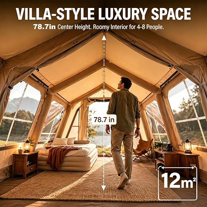 Inflatable Camping Tent with Automatic Electric Pump, Luxury Air Glamping Equipment with Stove Jack, Breathable 420D Oxford Tent, 12㎡ Spacious Outdoor Living Space