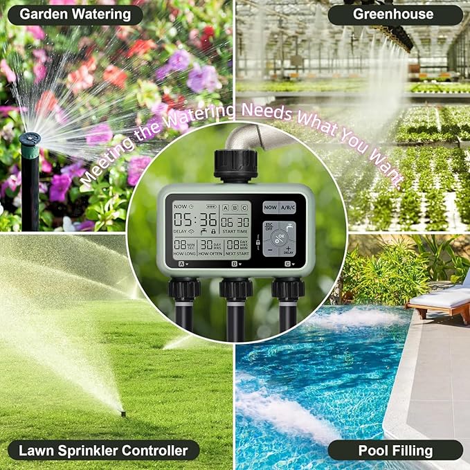 3 Outlet Sprinkler Timer Brass, Programmable Garden Hose Timer with Rain Delay, Manual& Automatic Watering System, Waterproof Digital Irrigation Controller Watering Evenly for 3 Separate Water Zones