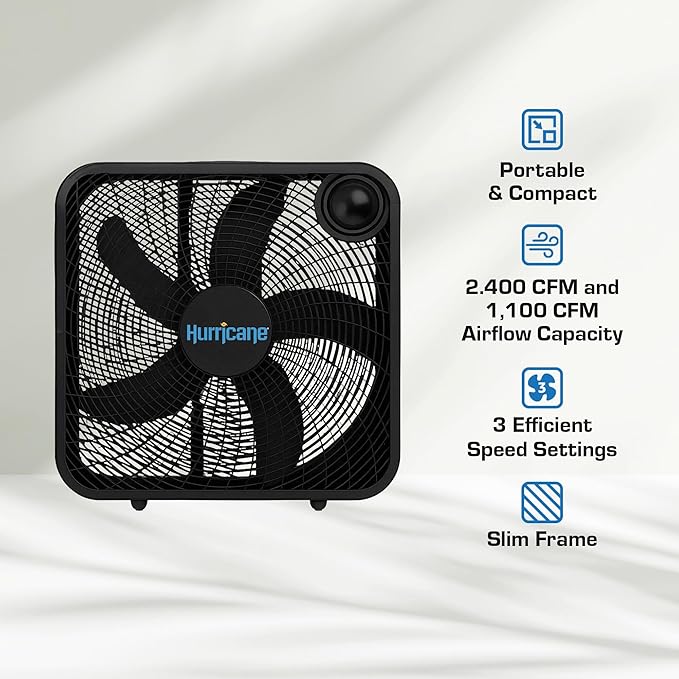 Hurricane Classic Floor Mount Box Fan w/ 3 Quiet Speeds, Black, 20" - Corded Portable Electric Air Cooling Unit w/ Powerful 2400 CFM Airflow for Home, Garage, Office, Bedroom & Basement