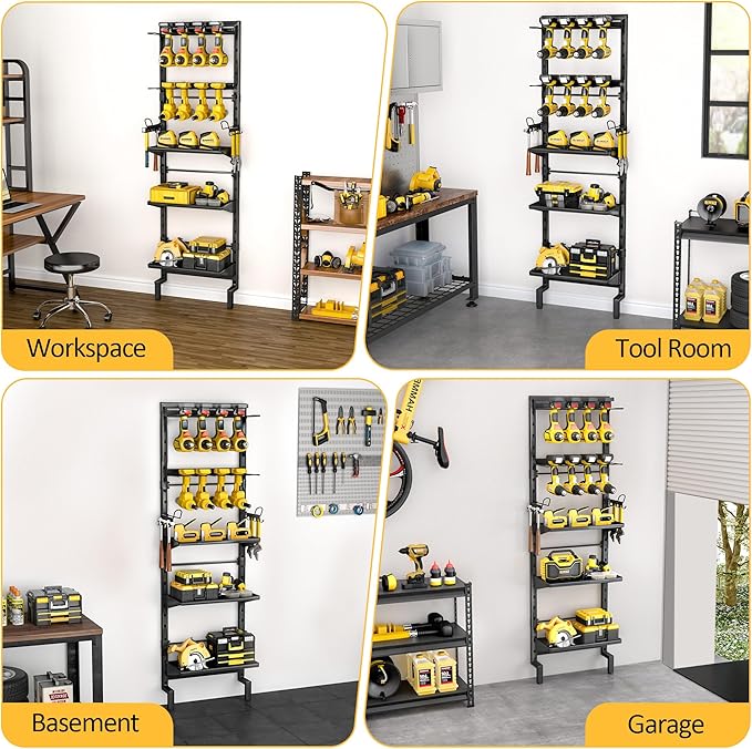 BUKFEN Garage Tool Storage Rack, Wall Mount 5-Tier Heavy Duty Metal Organizer with 8 Drill Holder Slots, Adjustable Shelves, Side Hooks Workshop Utility 1 Pack Black Vertical Space-Saving Organization