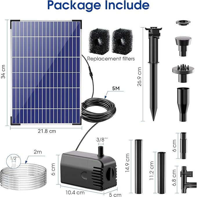 Biling 12W Solar Fountain Pump, 160GPH Submersible Solar Pond Pump with Filter and Dry Run Protection, 4.9ft Lift, 16.4ft Cord, 4 Nozzles, Tubing for DIY Fountain, Pond, Outdoor Water Features