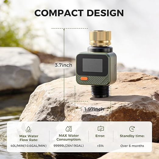 Diivoo Water Flow Meter with 180° Removable Panel, 4 Measure Modes, ±5% High Accuracy and IP54, Measure Gallon/Liter Consumption and Flow Rate for Outdoor Garden Hose Watering, RV Water Tank Filling