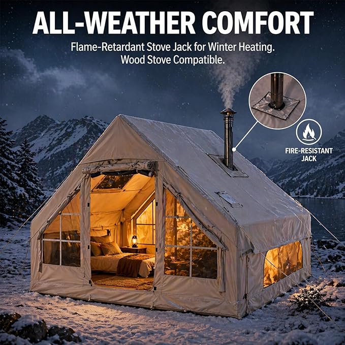 Luxury Inflatable Air Tent House, Wood Stove Ready Glamping Tent with Dual Pumps, Ventilated Oxford Cabin Tent with Mesh Windows, Instant Pitch Family Tent