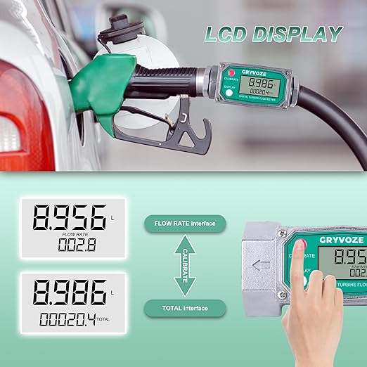 1.5 Inch NPT Digital Flow Meter, 10.5-74 GPM Inline Fuel Turbine Flowmeter with LCD Display for Water, Diesel, Gas Oil, Gasoline, and Other Liquids - Supports Gallon, QTS, PTS, L, m³