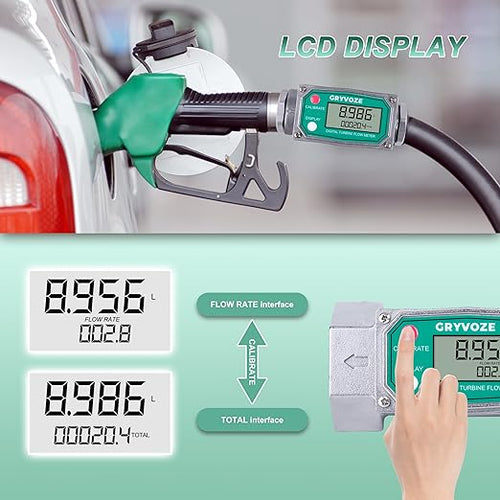 1.5 Inch NPT Digital Flow Meter, 10.5-74 GPM Inline Fuel Turbine Flowmeter with LCD Display for Water, Diesel, Gas Oil, Gasoline, and Other Liquids - Supports Gallon, QTS, PTS, L, m³