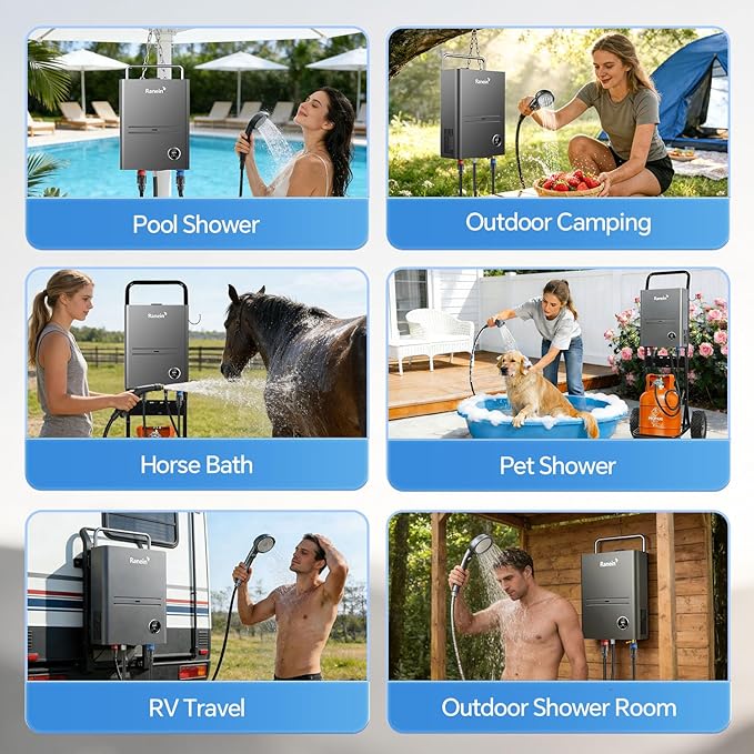 Ranein Portable Propane Tankless Water Heater 34,000 BTU 1.32 GPM with Included High-Performance Pump Thermostatic Control and Chain for Camping RV Outdoor Shower