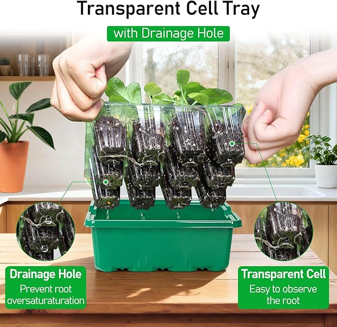 MIXC Seed Starter Tray with Elevated Lid, 120 Cells Seed Starter Kit with Adjustable Humidity Dome, Drainage Hole, Clear Heightened Lids for Indoor Outdoor Greenhouse Gardens, 10 Pack, Green