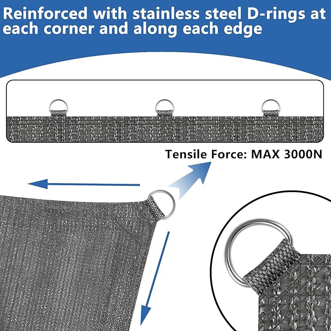 POYEE 90% 8x8ft Sun Shade Cloth with Reinforced Corner Webbing & D-Rings, Pergola Shade Cover – Breathable 200GSM HDPE Fabric for Patio, Garden, Deck & Backyard (Grey)