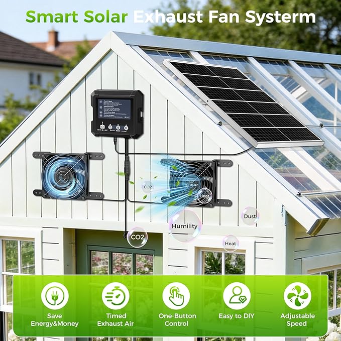 25W Smart Solar Fan for Chicken Coop w 2500mAh Battery, Greenhouse Solar Powered Fan w 3 Modes, IP65 Waterproof Solar Exhaust Fan for Dog House Vent Shed Garage Cooling