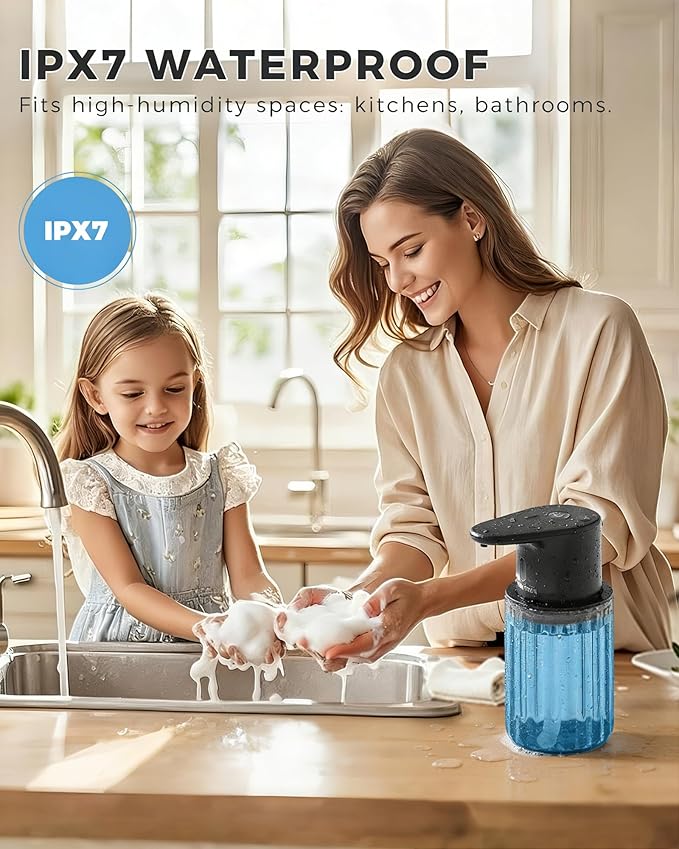 Automatic Foaming Soap Dispenser Touchless, 10oz/300ml Rechargeable, 3 Adjustable Foam Levels, IPX7 Waterproof for Kitchen Bathroom, Black